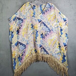 Chicos Poncho Top Women L/XL Pastel Blue Pink Paisley Linen Fringe Boho Festival